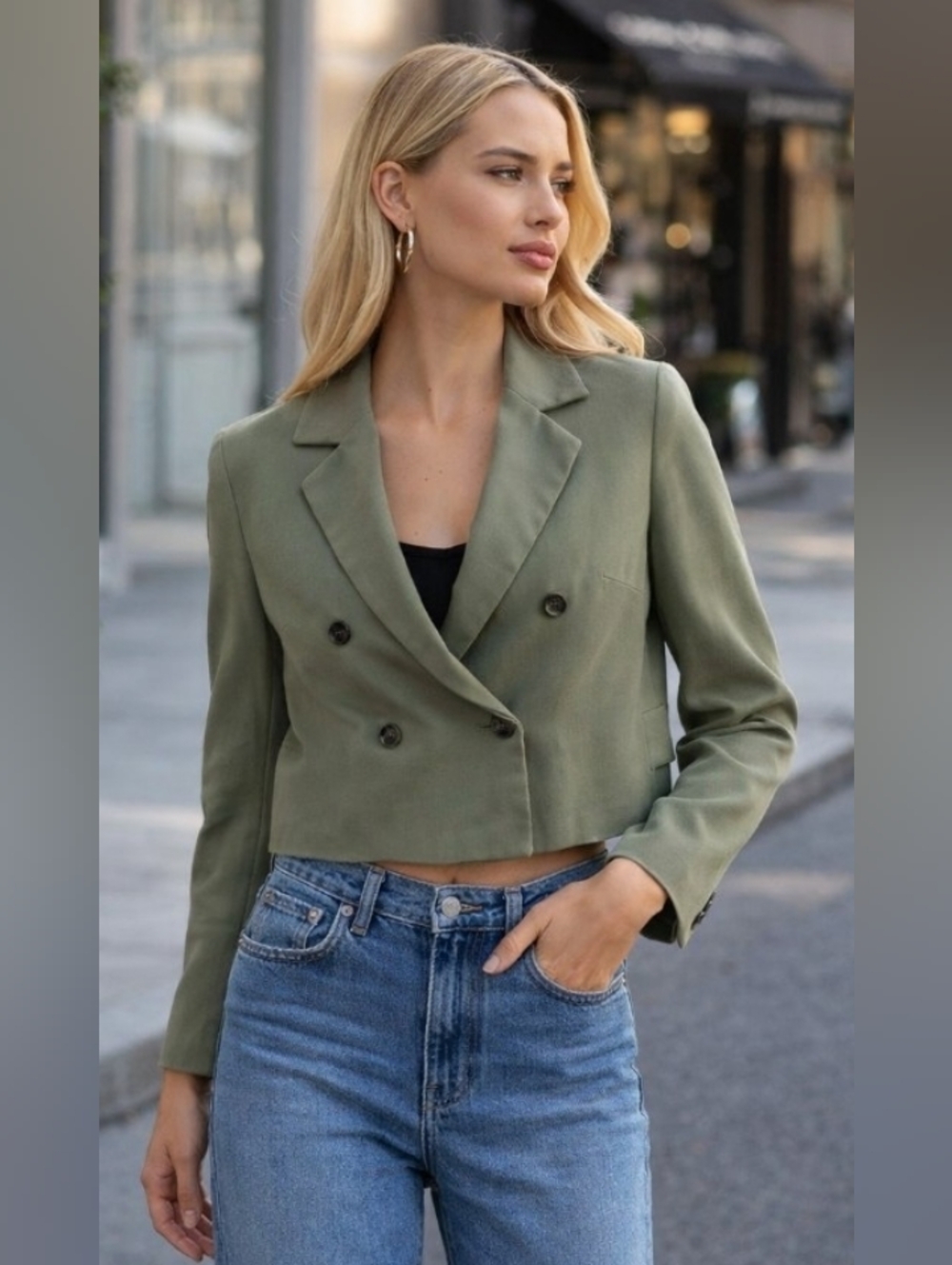 Banana Republic Olive Green Lightweight Double Breasted Cropped Blazer Size 12